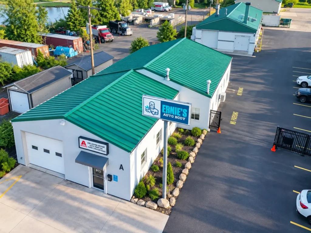 Commercial building with a green metal roof